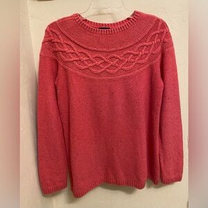 Talbots Medium Coral Pink Tweed Cable Yoke Pullover Sweater